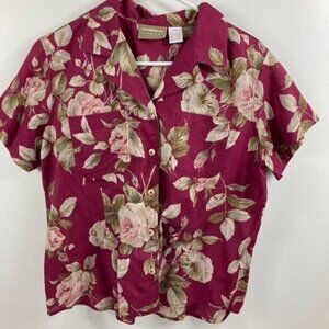 Womens Liz Claiborne Hawaiian Shirt Floral Petite Crimson Tan‎ 14P